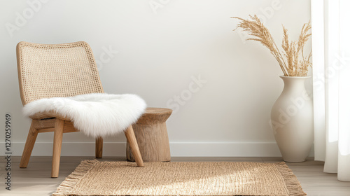 cozy Nordic inspired corner with sheepskin rug and natural decor