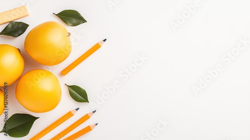 Fresh oranges and yellow pencils arranged artistically on a white background with leaves