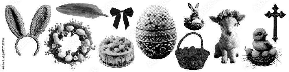 Set of easter springtime halftone grunge vector design elements