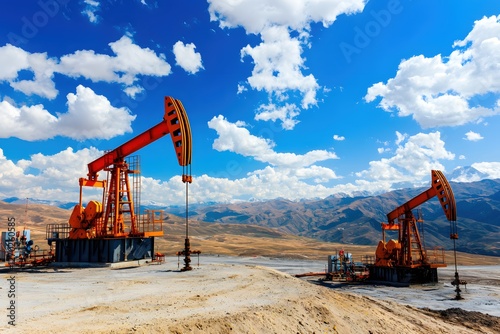 Industrial landscape featuring oil derricks against a backdrop of mountains and cloudy blue sky energy sector exploration and extraction