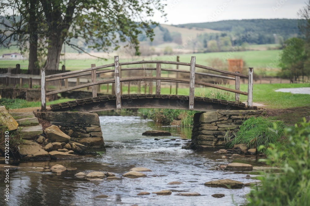 Rustic wooden footbridge over a shallow creek with stone embankments, soft focus idyllic countryside in the background, overcast, muted earth tones Rustic wooden footbridge over a shallow creek with stone embankments, soft focus idyllic countryside in the background, overcast, muted earth tones