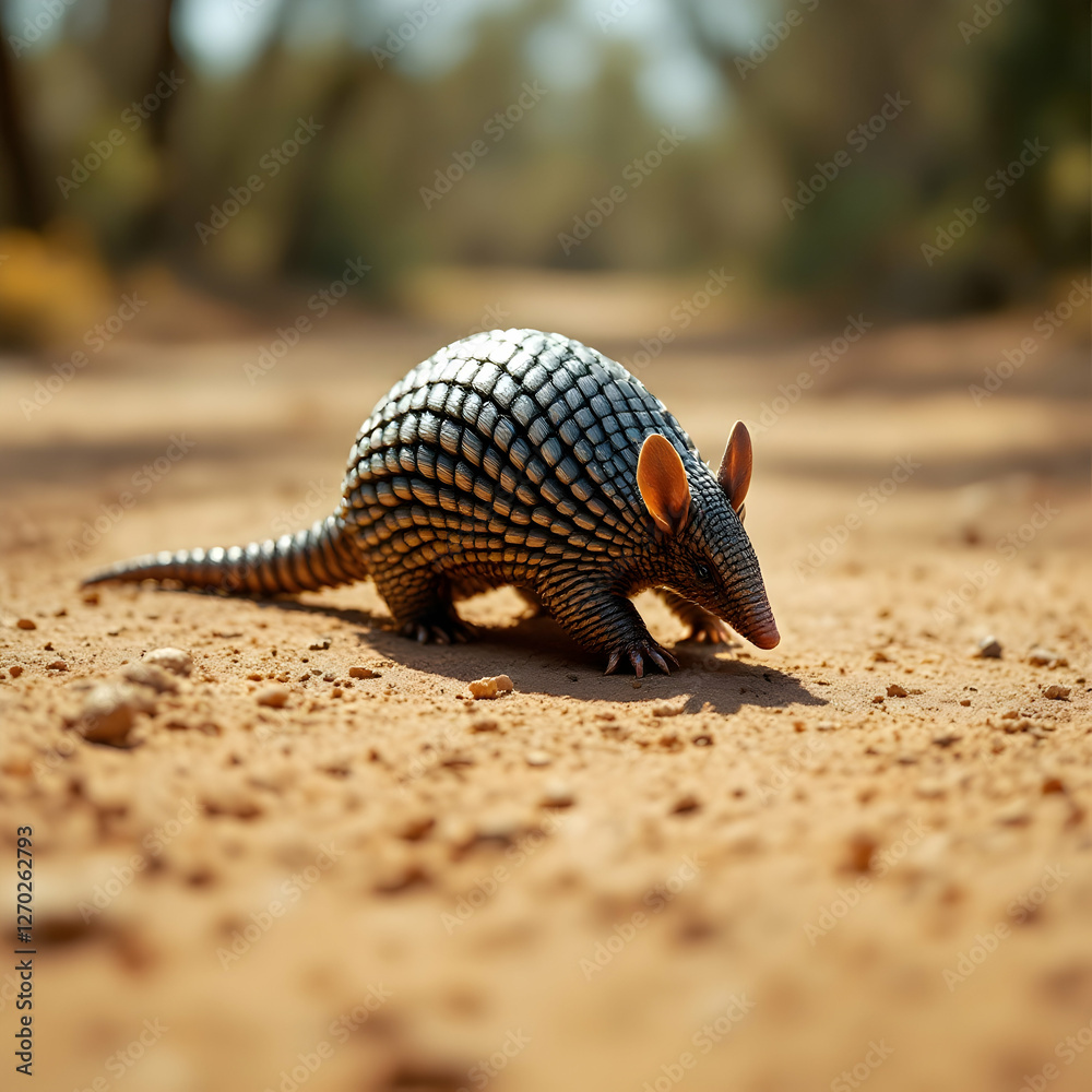 Armadillo Walking on Sandy Path in a Desert Landscape under Sunlight Armadillo Walking on Sandy Path in a Desert Landscape under Sunlight