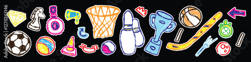 Kids drawing illustration, vector children color pencil naive doodle stciker set, cute cartoon sport