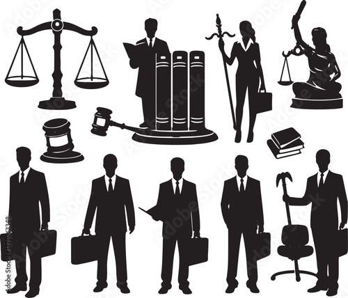 Law firm icons, lawyers, scales of justice, gavel.