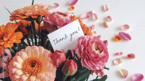 Bouquet of colorful flowers with a thank you card inside