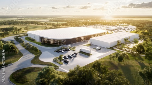 Wallpaper Mural Modern architectural marvel glistening in sunlight with lush green landscape and parked cars Torontodigital.ca