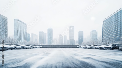 A contemporary car plaza with a skyline covered in light snow. Featuring crispness and clarity