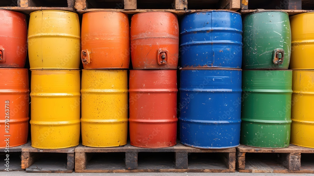 Colorful metal drums stacked on wooden pallets creating a vibrant industrial backdrop for creative projects and designs Colorful metal drums stacked on wooden pallets creating a vibrant industrial backdrop for creative projects and designs