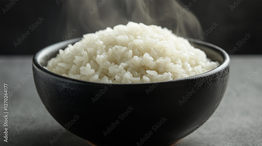 A simple, elegant presentation of steamed white rice in a black ceramic bowl, steam gently rising. A simple, elegant presentation of steamed white rice in a black ceramic bowl, steam gently rising.