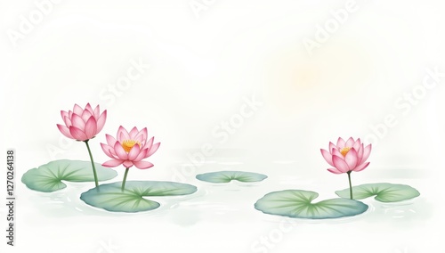 Gentle Watercolor Blooming Lotus Flowers with Soft Edges and Wash