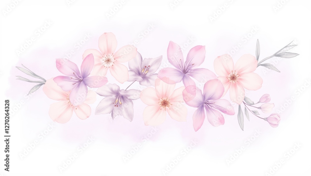 Romantic Floral Arrangement of Pastel Pink and Lilac Flowers Watercolor Romantic Floral Arrangement of Pastel Pink and Lilac Flowers Watercolor