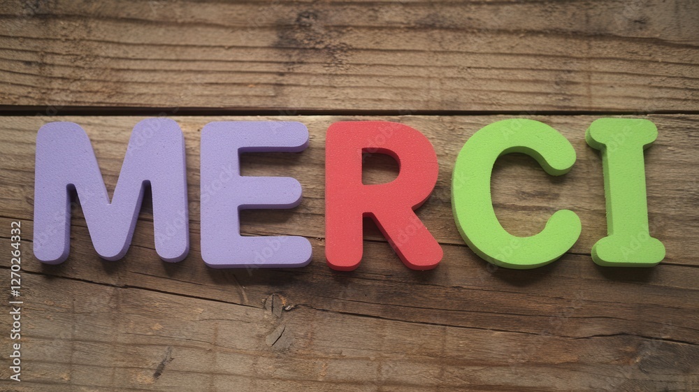Colorful block letters spell merci on a rustic wood surface Colorful block letters spell merci on a rustic wood surface