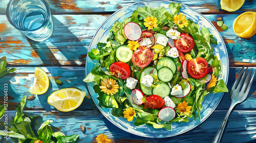 A vibrant salad with mixed greens, heirloom cherry tomatoes, cucumbers, radish slices, and crumbled feta, topped with sunflower seeds and a lemon vinaigrette. 