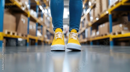 Bright Yellow Sneakers in a Warehouse Aisle Modern Footwear Fashion and Logistics Concept