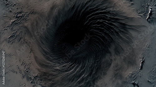 Aerial view of a dark vortex formation in a barren landscape, showcasing swirling textures