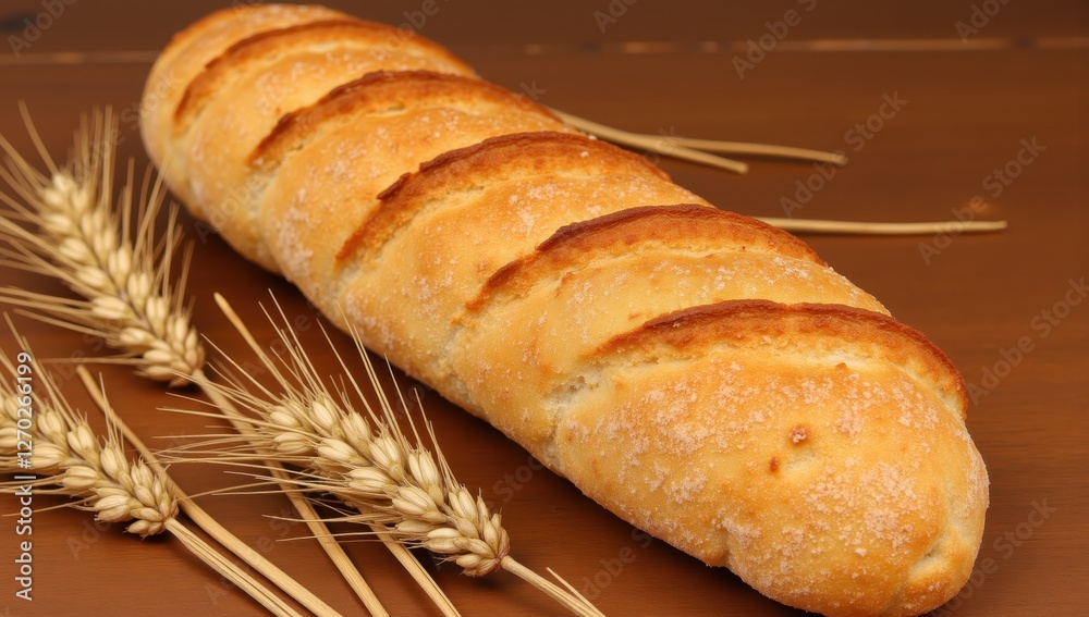 Crusty Baguette on Rustic Wooden Table with Wheat Stalks Decor Crusty Baguette on Rustic Wooden Table with Wheat Stalks Decor