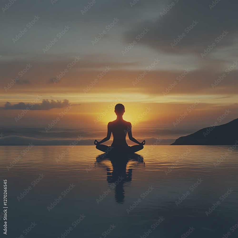 A serene silhouette of a person meditating at sunset, reflecting peace and tranquility over calm waters. The vibrant colors create a calming atmosphere perfect for relaxation. A serene silhouette of a person meditating at sunset, reflecting peace and tranquility over calm waters. The vibrant colors create a calming atmosphere perfect for relaxation.