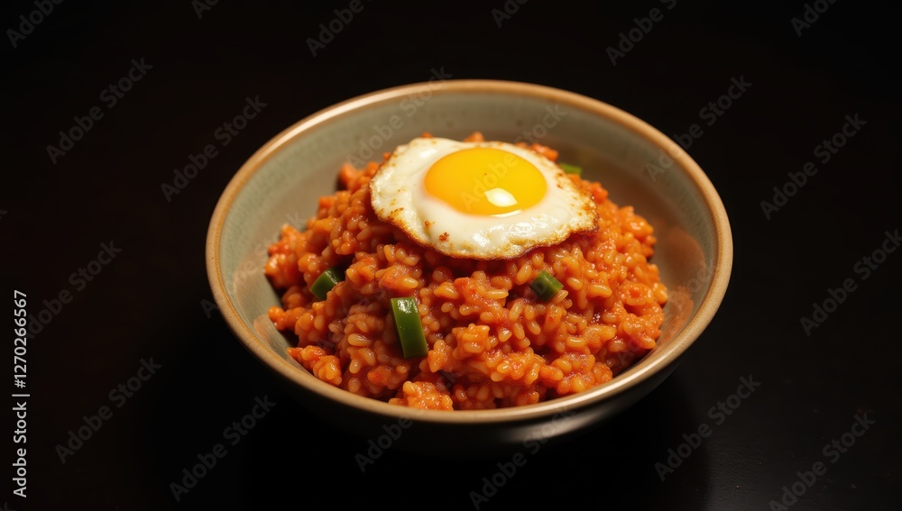 Kimchi Fried Rice with Fried Egg Served on Dark Surface Kimchi Fried Rice with Fried Egg Served on Dark Surface
