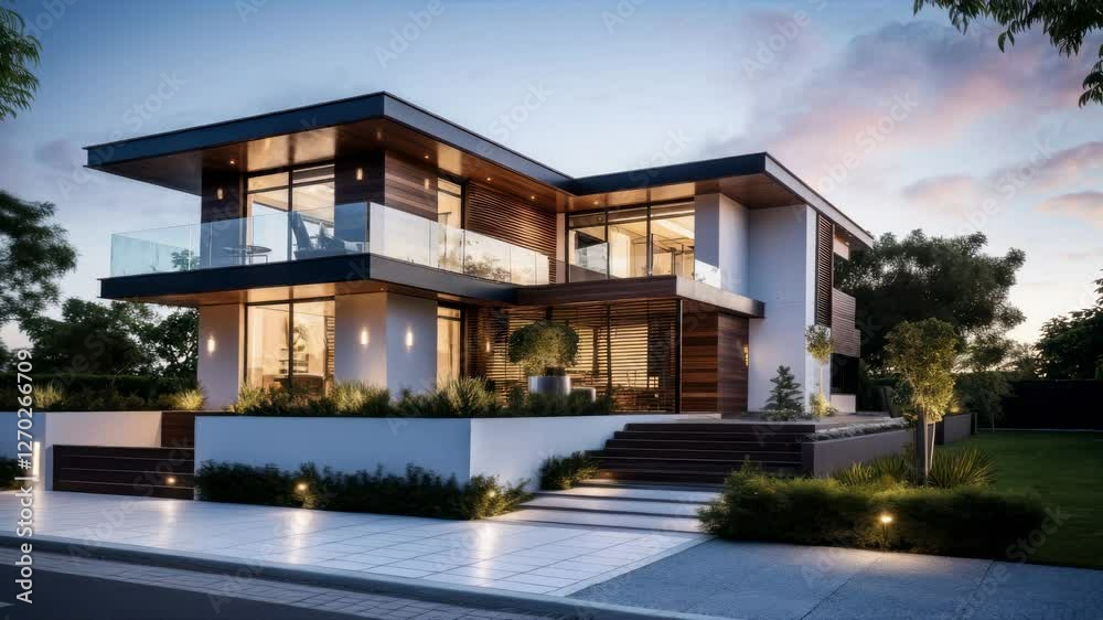 Modern house with glass facade, captured at a low angle during sunset. The video showcases sleek lines and contemporary architecture. Modern house with glass facade, captured at a low angle during sunset. The video showcases sleek lines and contemporary architecture.