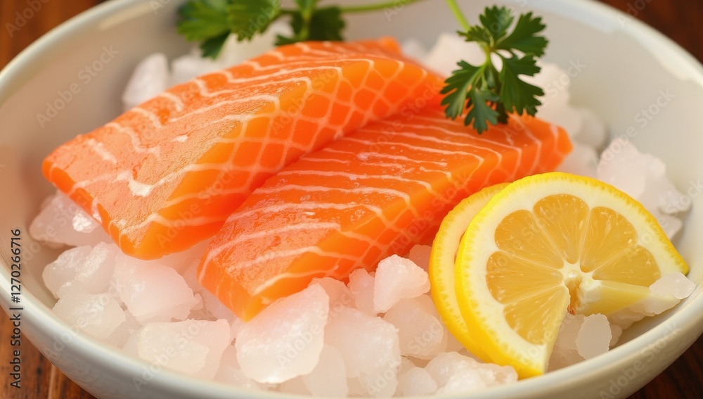 Fresh Salmon Fillet on Crushed Ice with Lemon Slices and Parsley Fresh Salmon Fillet on Crushed Ice with Lemon Slices and Parsley