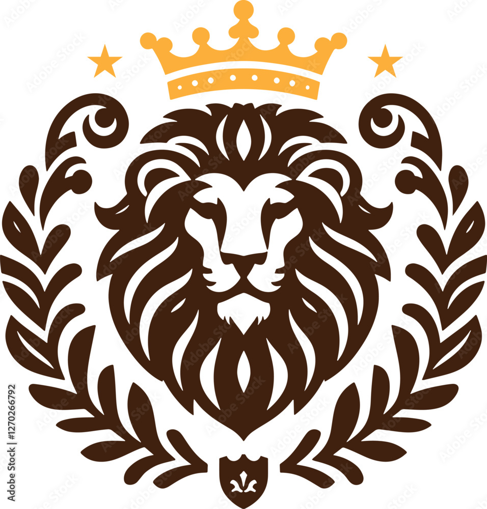 Obraz premium Lion head with crown and leaves.