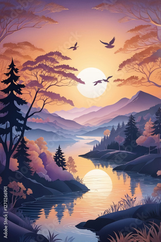 AI generative. Majestic Mountain & River Sunset – Paper Cut Style Illustration. 12