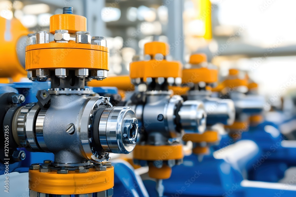 Industrial Valves and Pipes in a Row with Orange and Blue Colors in a Factory Setting Industrial Valves and Pipes in a Row with Orange and Blue Colors in a Factory Setting