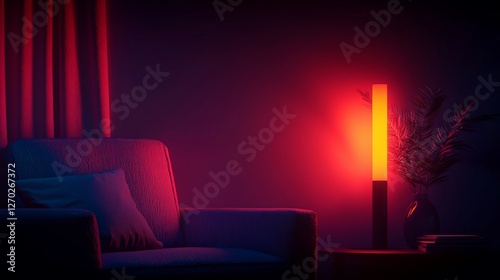 Red neon lamp illuminates living room armchair at night.