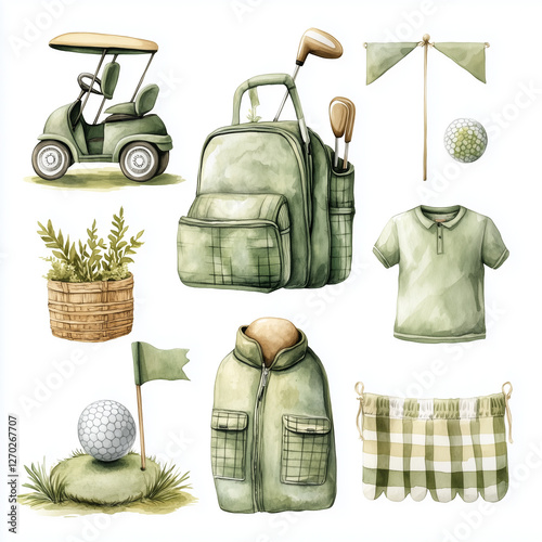 A collection of 9 individual hand-painted watercolor golf-themed elements, designed with a vintage aesthetic in greens, creams, and browns.