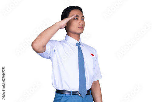 Indonesian Male High School Student in Uniform Hand Salute Gesture Isolated Transparent photo