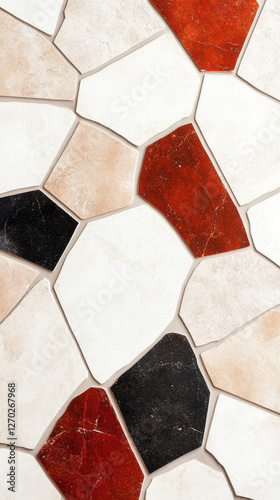 Muted terrazzo style geometric patterns with red, black, and white stones