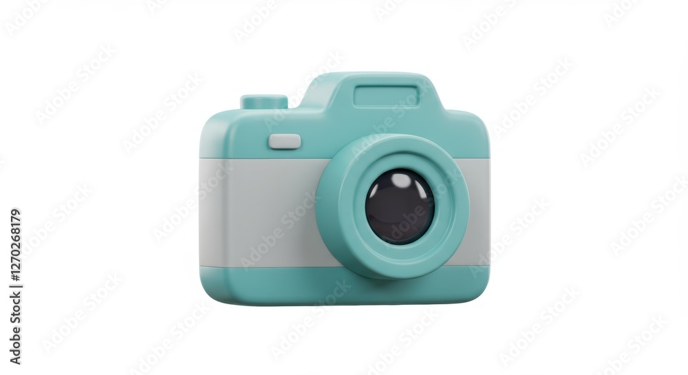 A vibrant teal camera emoji toy designed for children, placed on a white background with soft lighting A vibrant teal camera emoji toy designed for children, placed on a white background with soft lighting