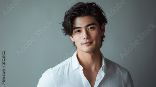 かっこいいイケメンアジア人男性のポートレート。笑顔で爽やかな印象。