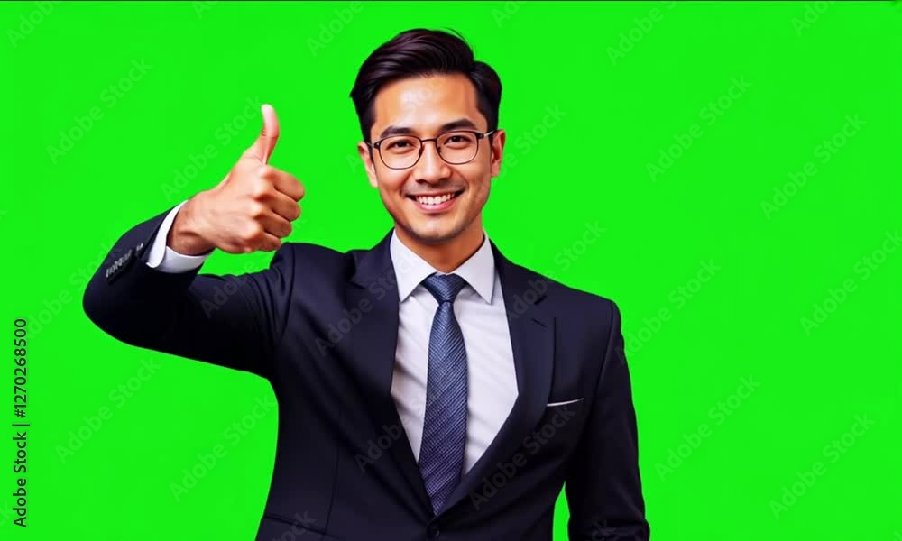 a business man wearing suit smiles and gives a thumbs up on green screen a business man wearing suit smiles and gives a thumbs up on green screen