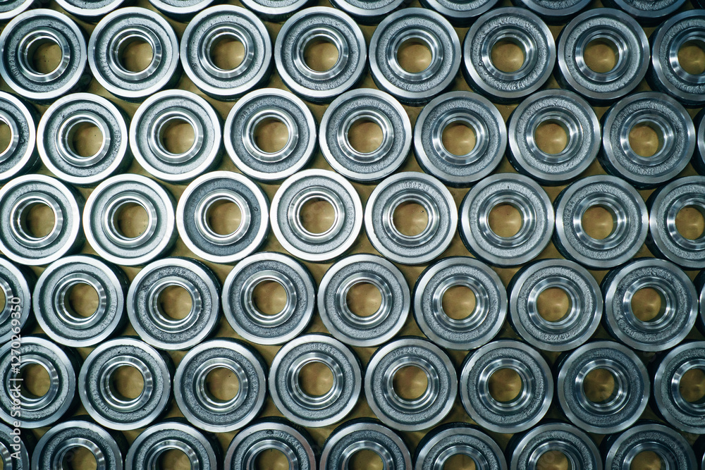 Shiny metal bearings aligned in rows showing precision engineering and manufacturing processes Shiny metal bearings aligned in rows showing precision engineering and manufacturing processes