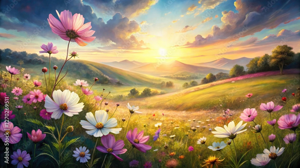 Fototapeta premium Watercolor Cosmos Landscape, Hand-Drawn Flower Field, Blooming Cosmos, Autumn Scenery, Artistic Floral Photography