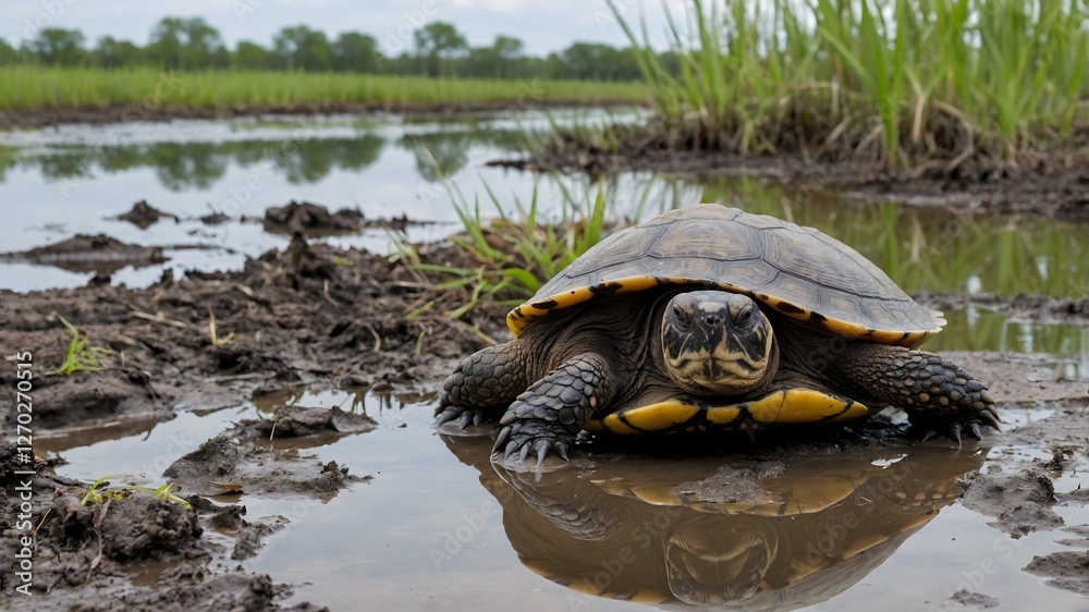 Fototapeta premium Swamp Odyssey: A Turtle's Journey Through Hidden Realms