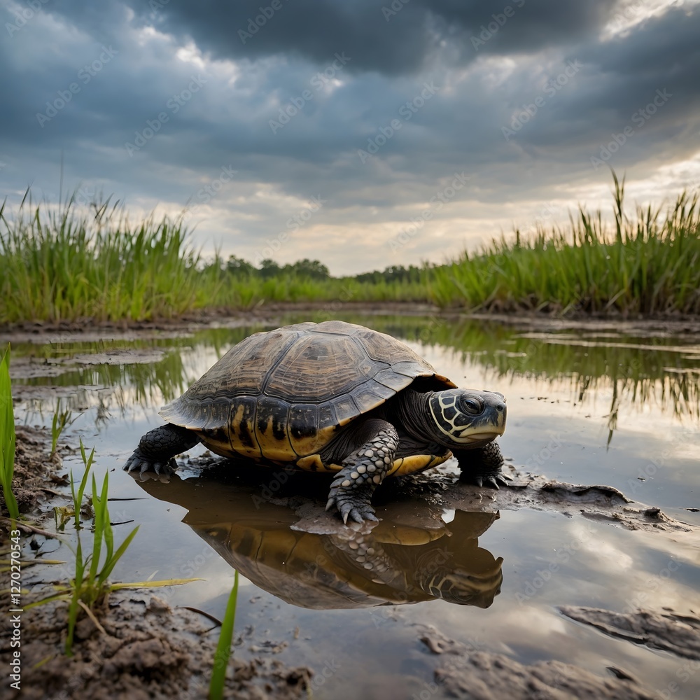 Fototapeta premium Marshland Quest: Discovering the Secrets of the Swamp with a Turtle