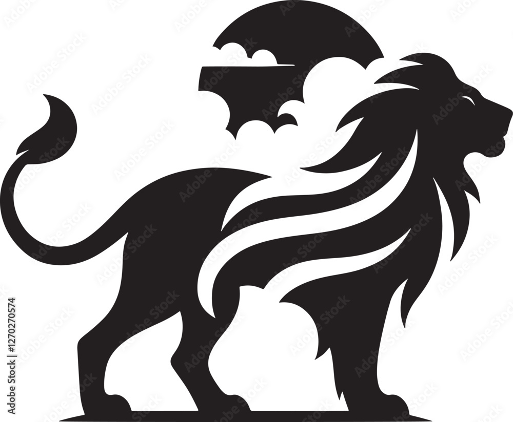 Fototapeta premium Majestic lion silhouette with stylized mane and wave design.