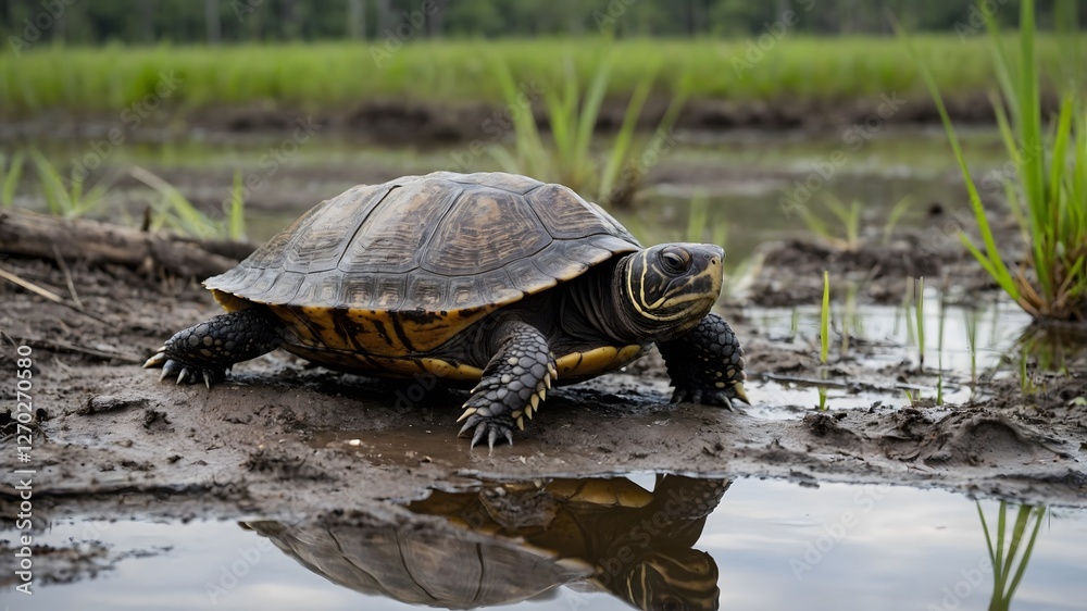 Fototapeta premium Swamp Safari: A Turtle's Adventure in Nature's Hidden Oasis