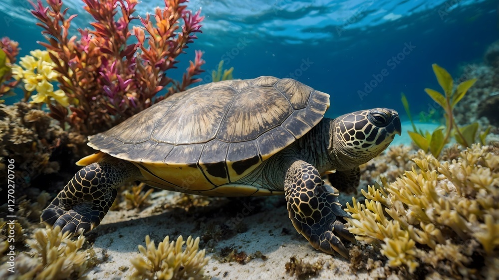 Fototapeta premium Hidden Harmony: A Musk Turtle in a Flourishing Underwater Garden