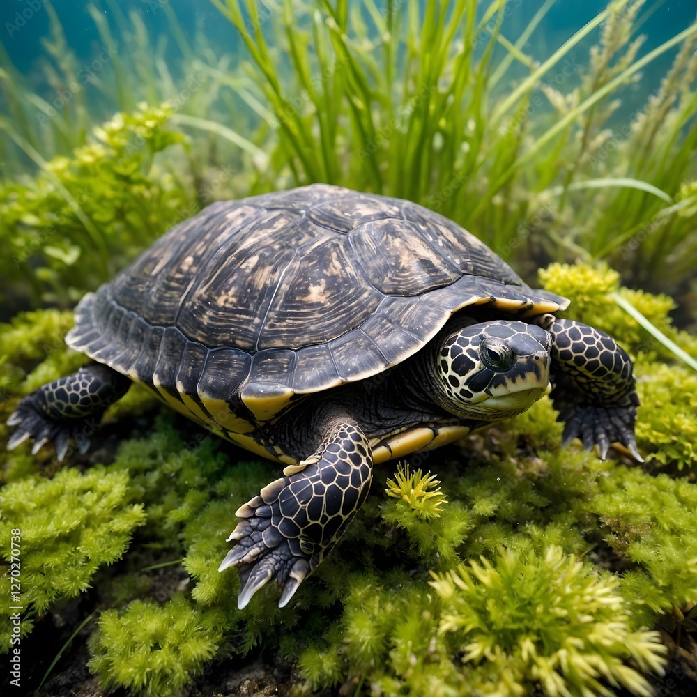Fototapeta premium Aquatic Tranquility: A Musk Turtle Among Flourishing Water Plants