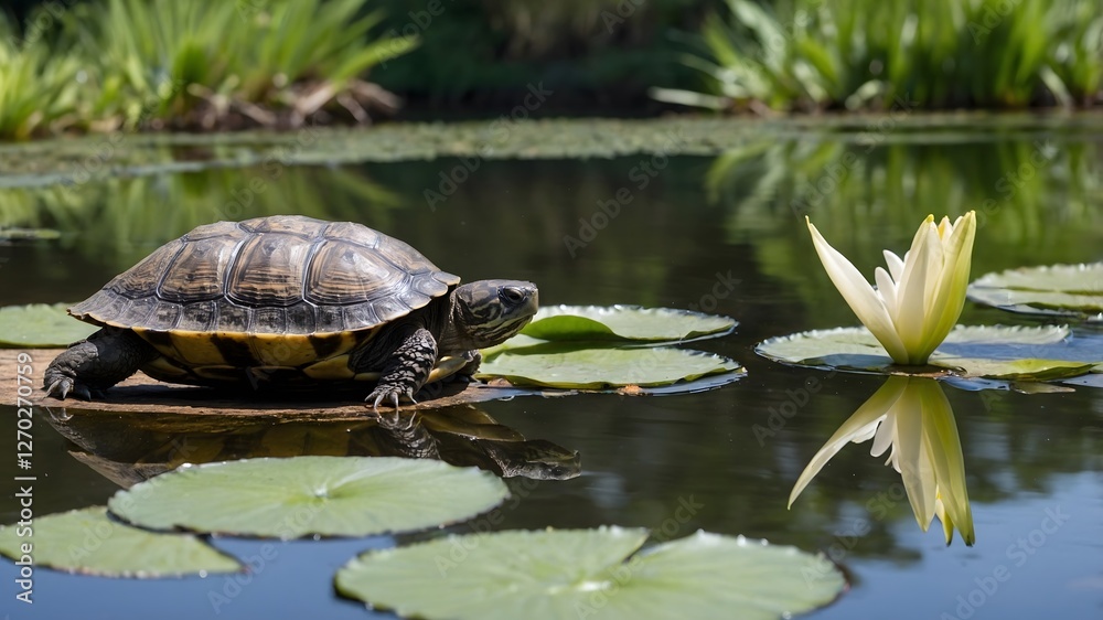 Tranquil Companions: A Musk Turtle and Frog in Peaceful Coexistence Tranquil Companions: A Musk Turtle and Frog in Peaceful Coexistence