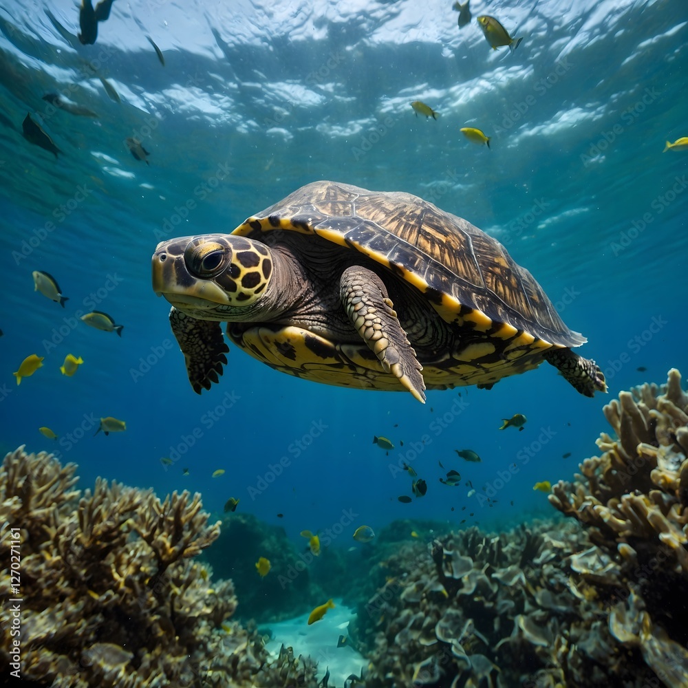 Obraz premium Aquatic Grace: A Musk Turtle’s Travel Through a Rich Marine World