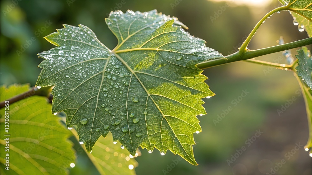 Morning Dew on Grapevine Leaf: A close-up shot of a vibrant green grapevine leaf glistening with morning dew, illuminated by the warm sunlight. Morning Dew on Grapevine Leaf: A close-up shot of a vibrant green grapevine leaf glistening with morning dew, illuminated by the warm sunlight.