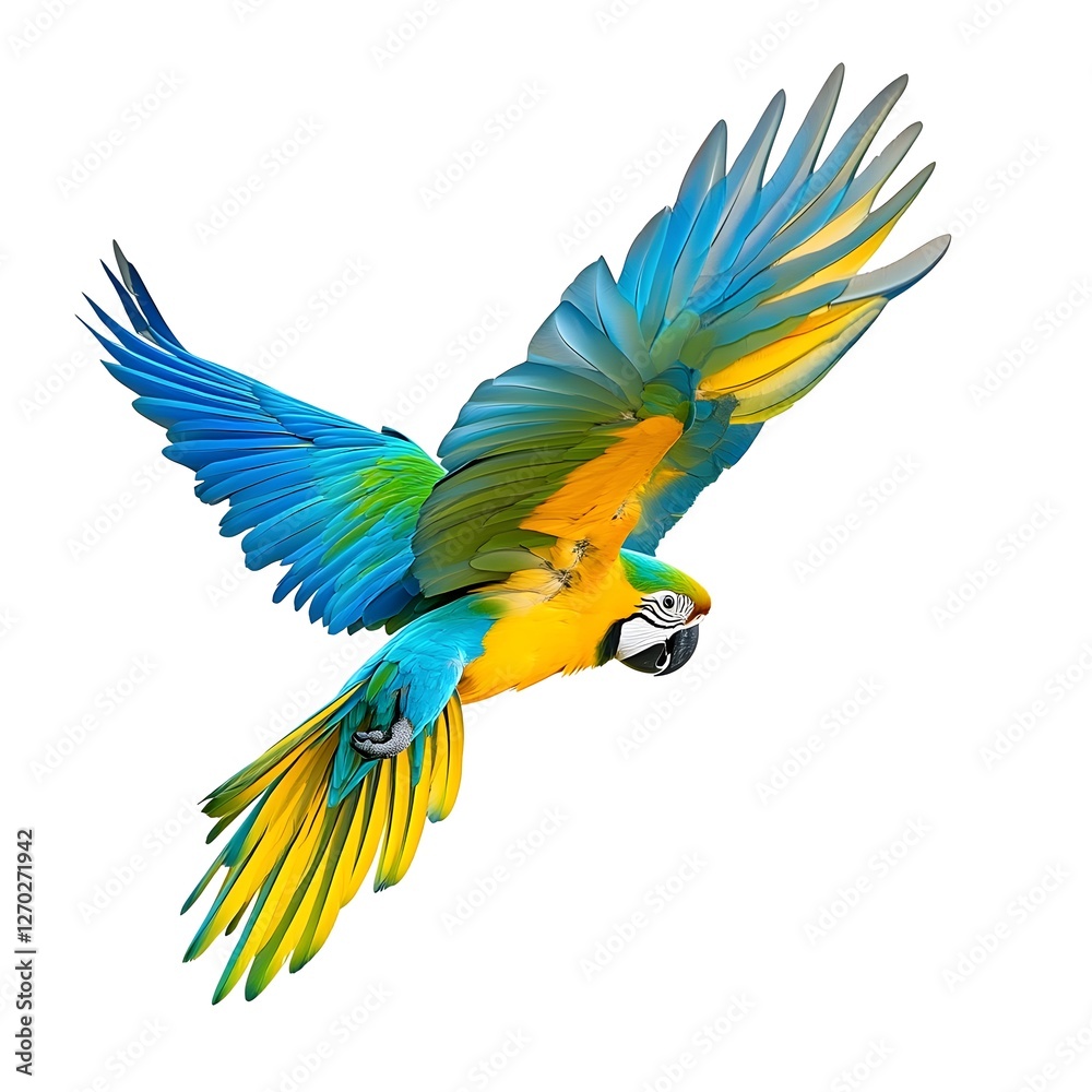 Fototapeta premium Vibrant Blue-and-Yellow Macaw in Flight, Wings Spread Wide