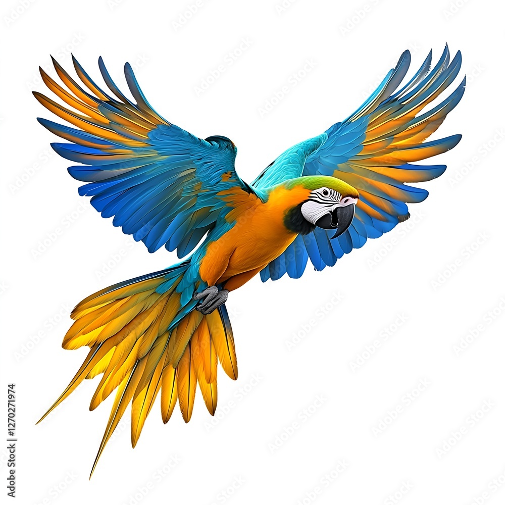 Fototapeta premium Vibrant Macaw in Flight: A Burst of Blue and Gold
