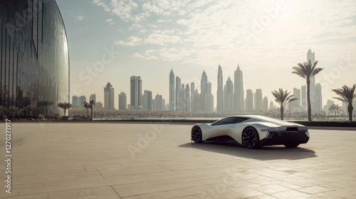 A futuristic car on an empty plaza with a distant skyline view. Featuring cutting-edge technology and simplicity