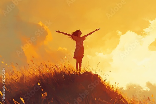 happy young woman jumping in the sunset