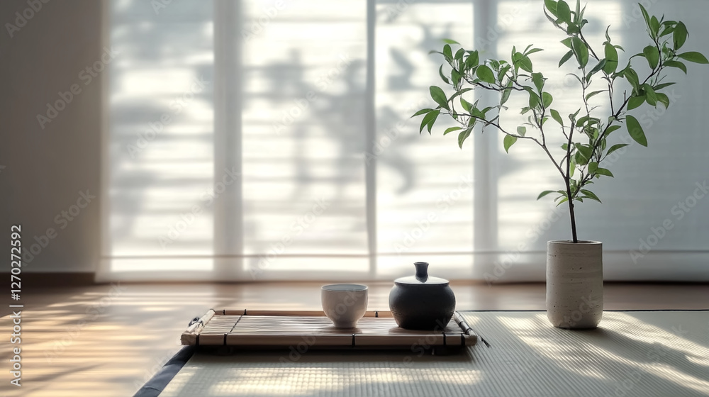 Fototapeta premium A minimalist Japanese-inspired condo with tatami flooring